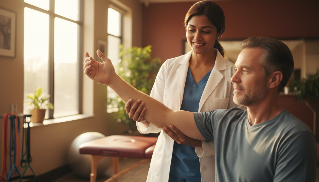 Physical therapist helping patient with rehabilitation exercise